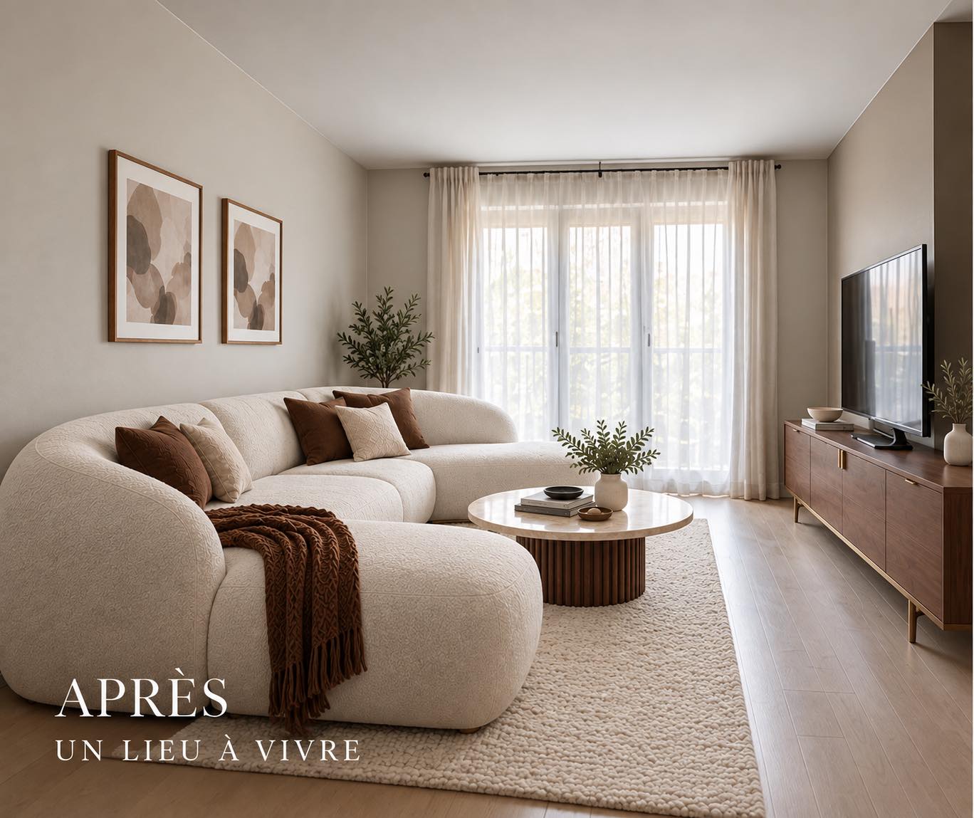 Le même salon après la transformation ELOZI : canapé crème, bois clair, touches d'olive.