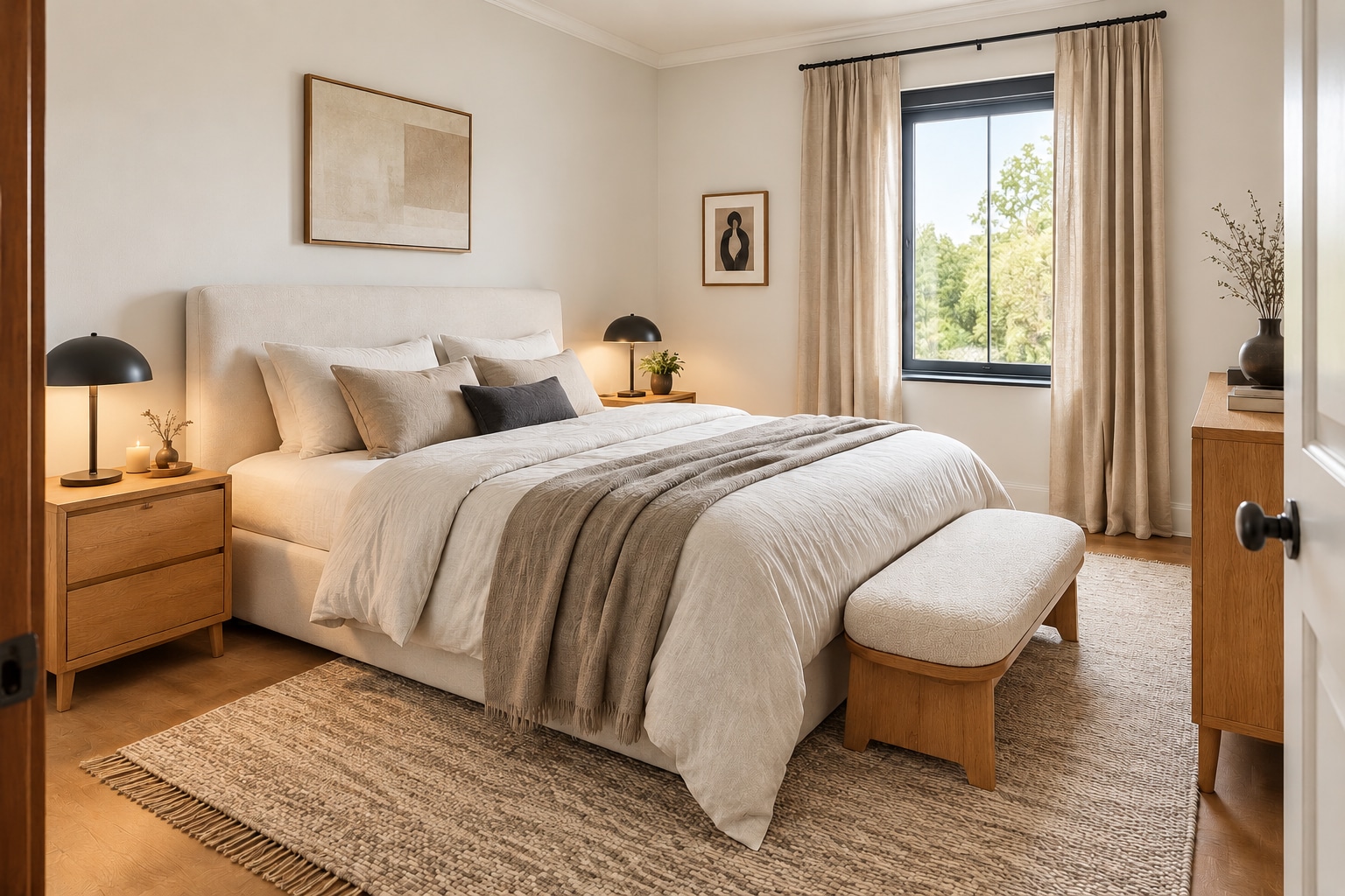 Chambre principale chaleureuse en tons crème et bois naturel.