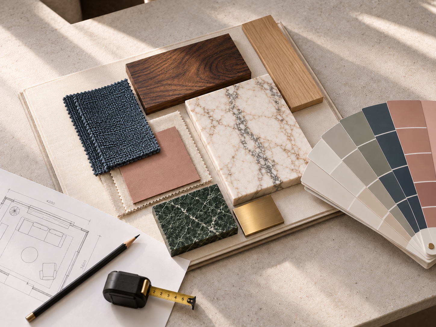 Échantillons de bois, de marbre, de textiles et de laiton, accompagnés d’un nuancier de couleurs sous une lumière naturelle.