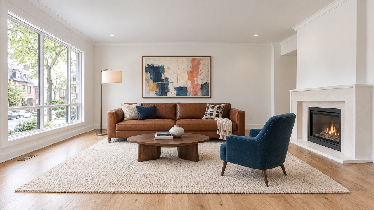 Piste d’aménagement : canapé cognac, fauteuil bleu, table en bois et tapis clair.