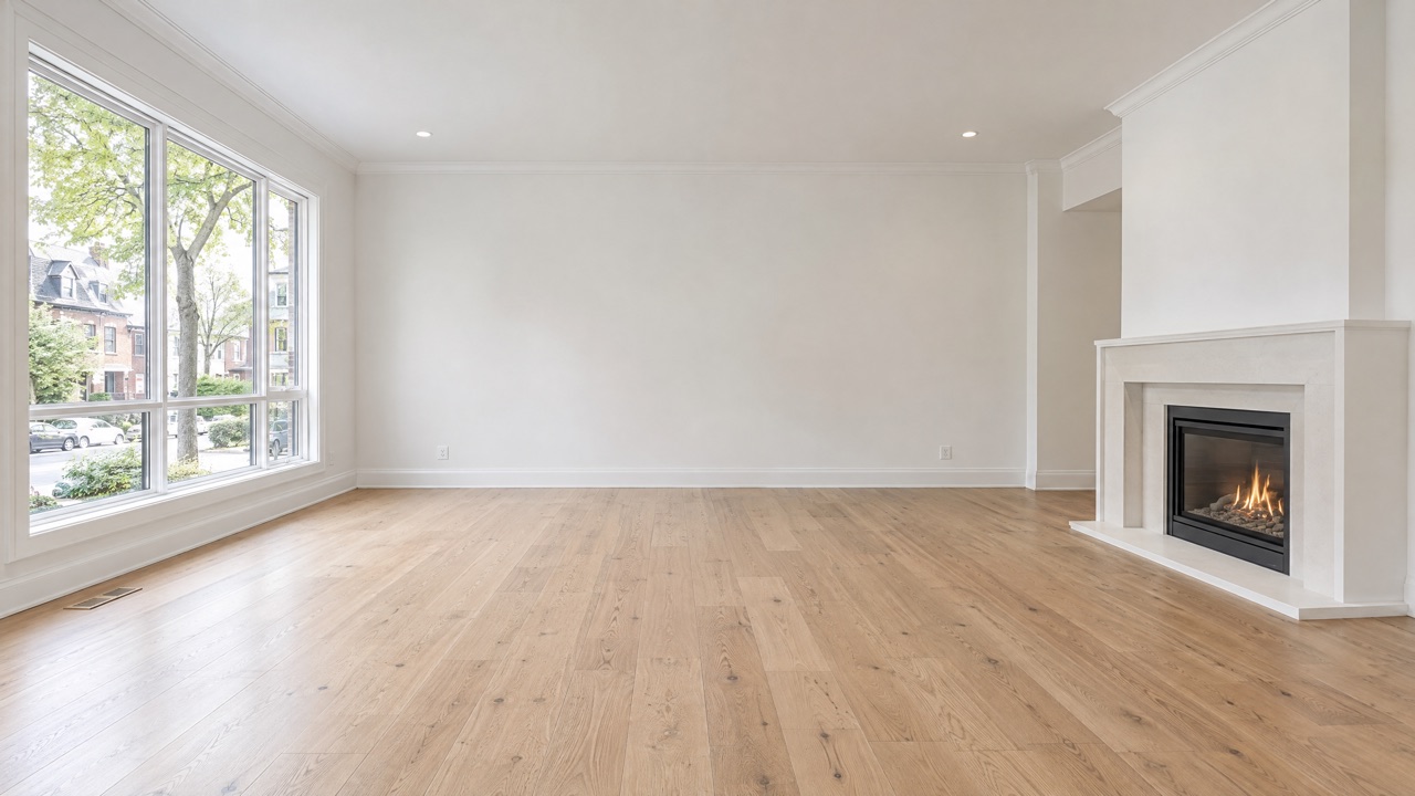Pièce de départ : salon vide, fenêtre à gauche et foyer à droite.