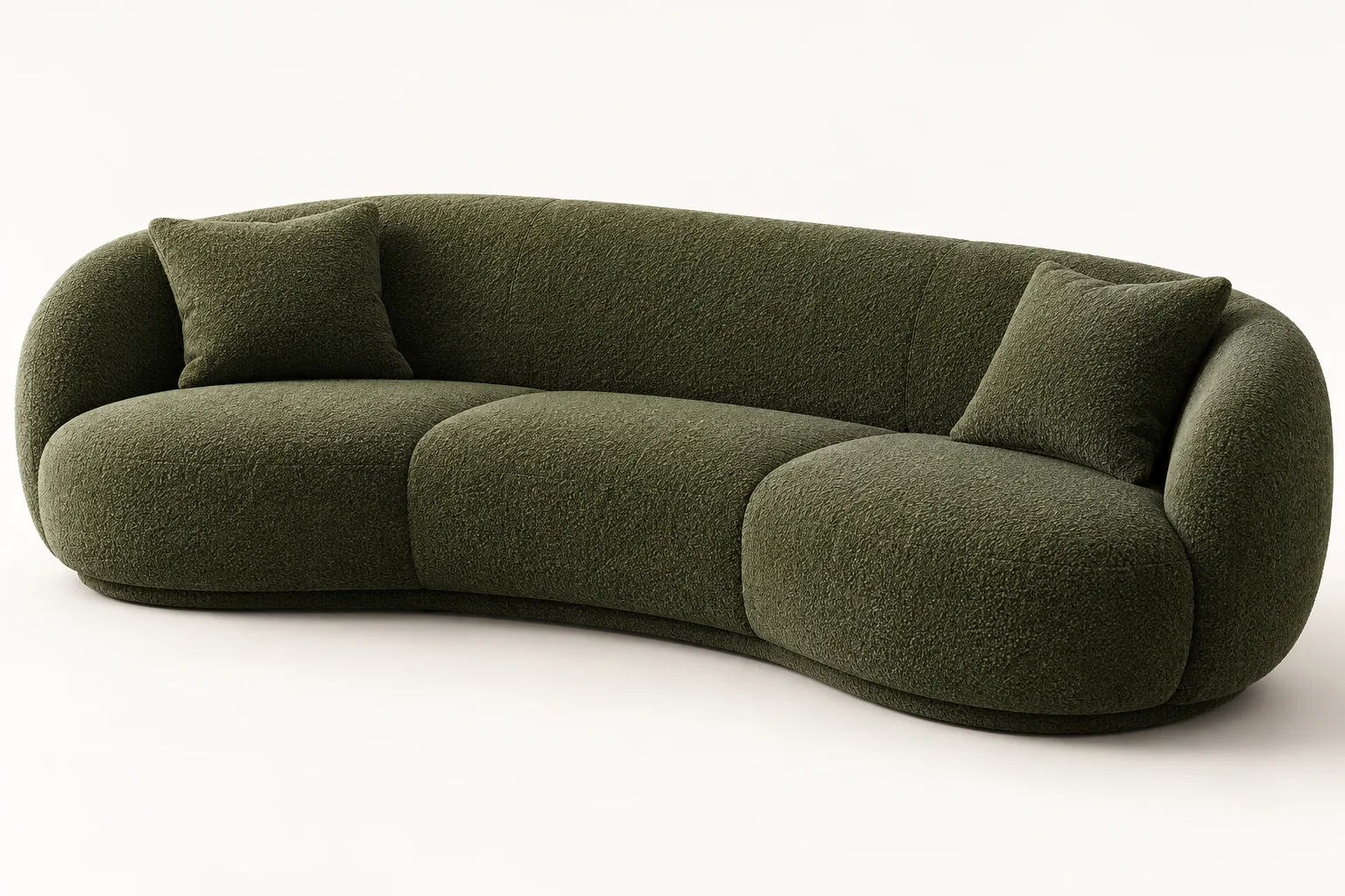 Divan olive sculptural en tissu texturé, aux angles arrondis et à la base basse.