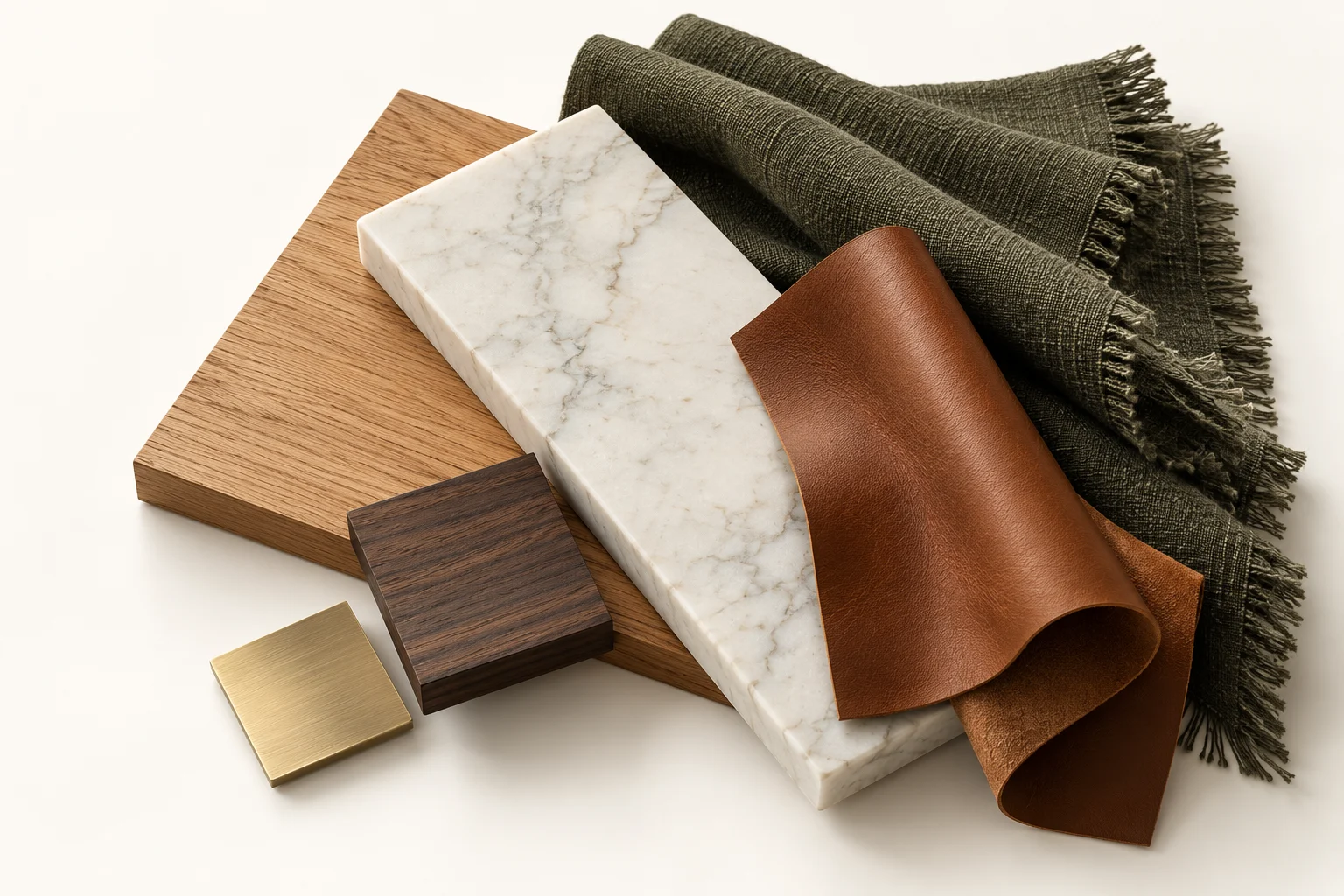 Échantillons de chêne, marbre clair, lin olive, cuir cognac, noyer et laiton, réunis en une composition tactile.