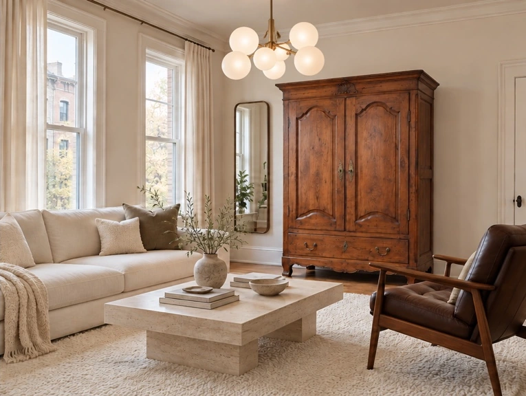 Après : la même armoire conservée, entourée d’un canapé crème, d’un fauteuil brun et d’un luminaire à globes.