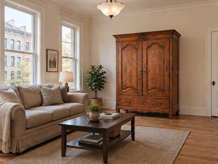 Avant : une armoire ancienne en bois dans un salon avec canapé gris et table foncée.